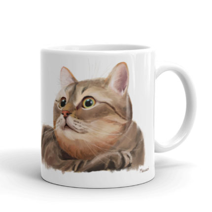 Dessin caricatural d'un chat sur une tasse imprimée