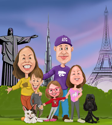 Caricature familiale personnalisée devant de nombreux monuments et attractions touristiques