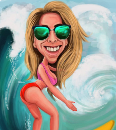 Caricature amusante d'une femme d'une trentaine d'années surfant sur les vagues