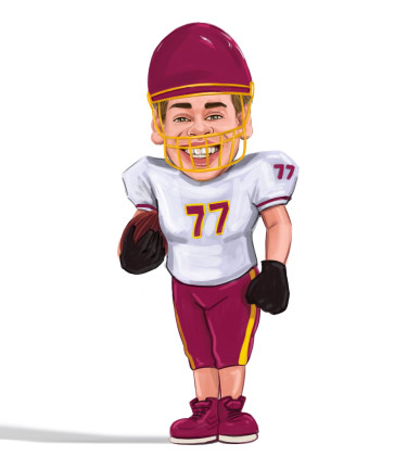 Caricature amusante d'un jeune joueur de football étudiant dans son maillot et son équipement complet