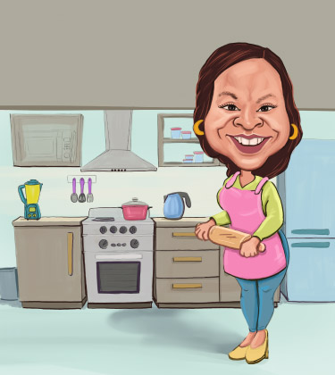 Caricature personnalisée d'une femme chef debout dans sa cuisine